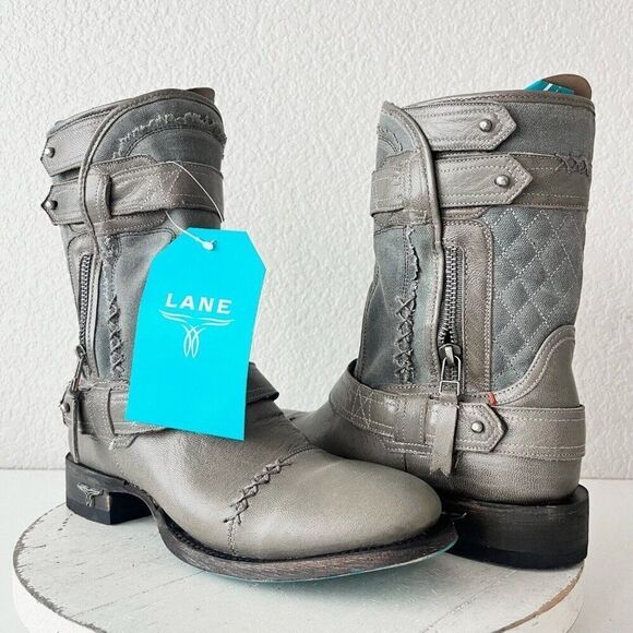 Lane Dustoff Women’s Western Moto Boots Gray Leather Harness Zip Ankle Size 7.5 - Picture 1 of 11